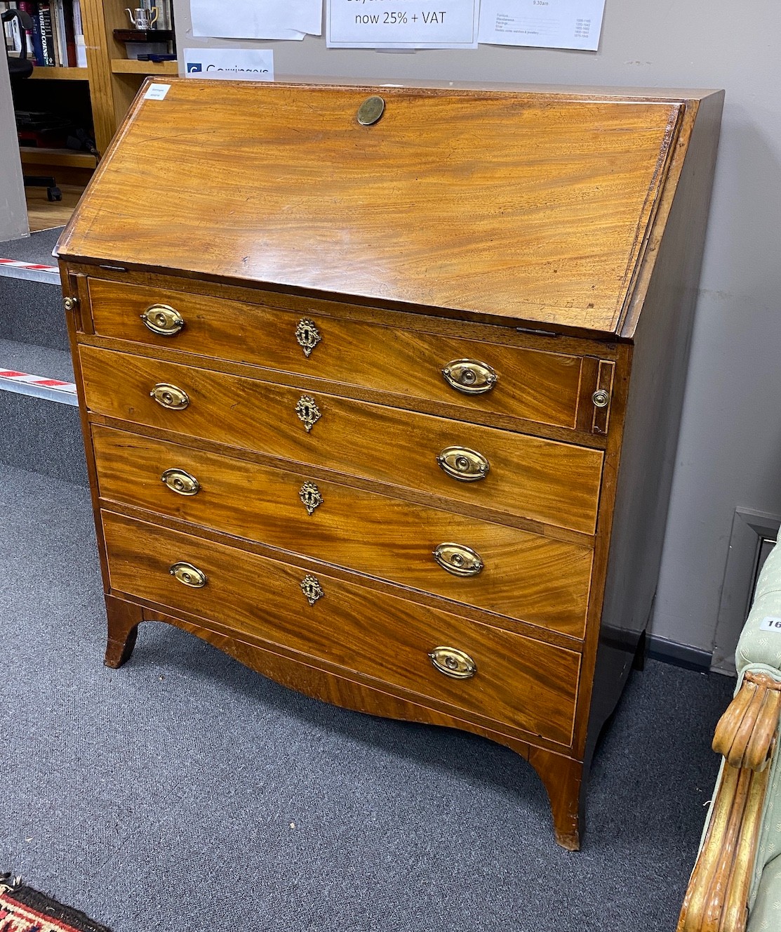 A George III mahogany bureau, width 91cm, depth 50cm, height 106cm